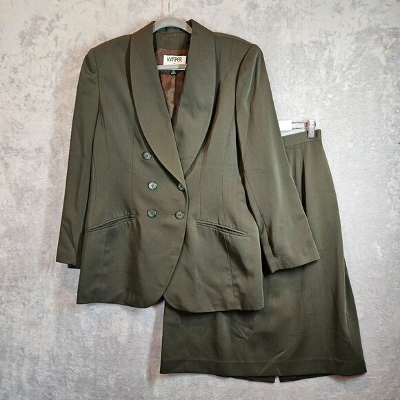 Kasper Olive Green Double-Breasted Blazer Skirt Set Womens 14 career formal - Picture 1 of 16